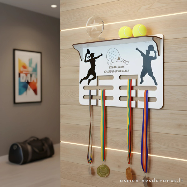 Medalių kabykla padelio tenisininkams, dekoruota padelio teniso žaidėjais, tinka vyrams ir moterims