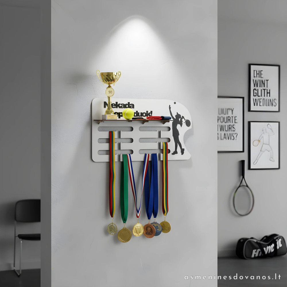 Medalių kabykla tenisininkams, dekoruota teniso žaidėjais, tinka vyrams ir moterims