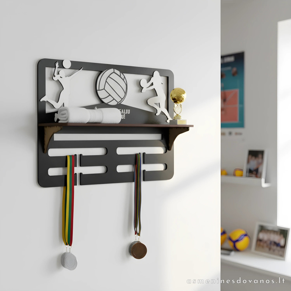 Medalių kabykla tinklininkams, tinklininkėms su lentynėle.