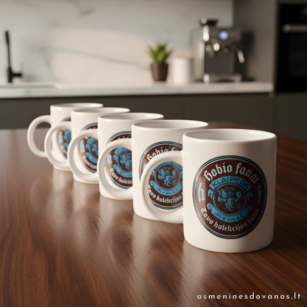 Puodelis su įmonės logotipu, spausdinamas spausdintuvu UV.