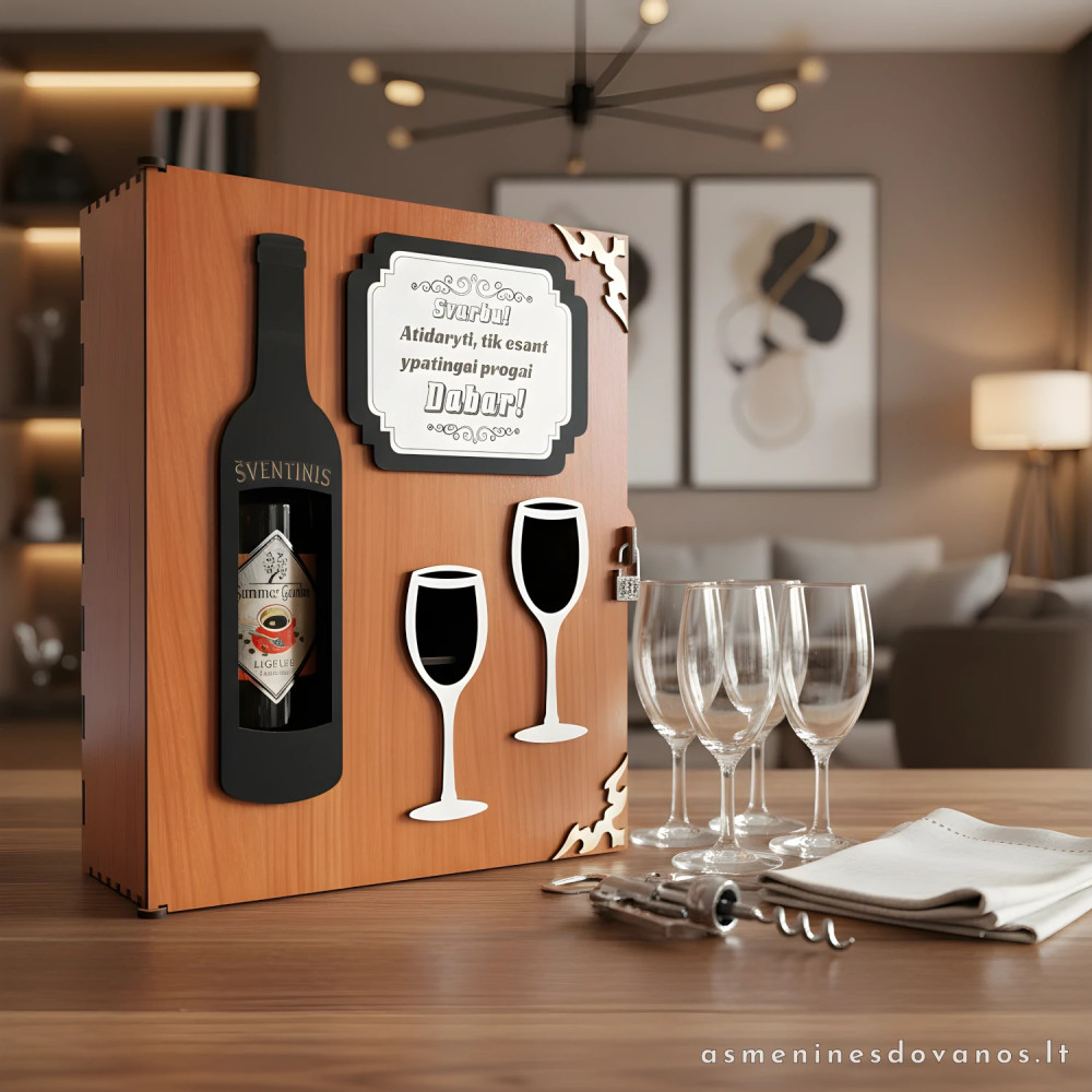Dėžė - rinkinys prie vyno su graviruotu tekstu išvaizdi dovana artimam