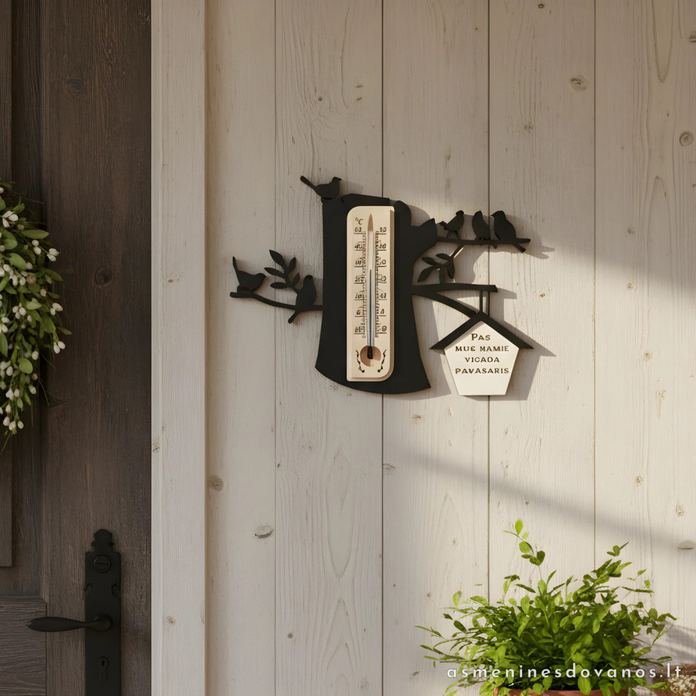 Termometras su graviruotu tekstu ir pauksčiukais tupinčiais ant šakos
