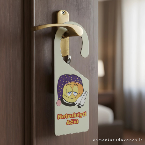 Informacinė lentelė kabinama ant durų rankenos, miegalius su tekstu