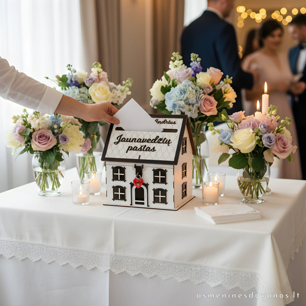 Dėžutė šventiniams vokeliams dėti. Išvaizdi su keičiamu tekstu. Dekoruota spynele