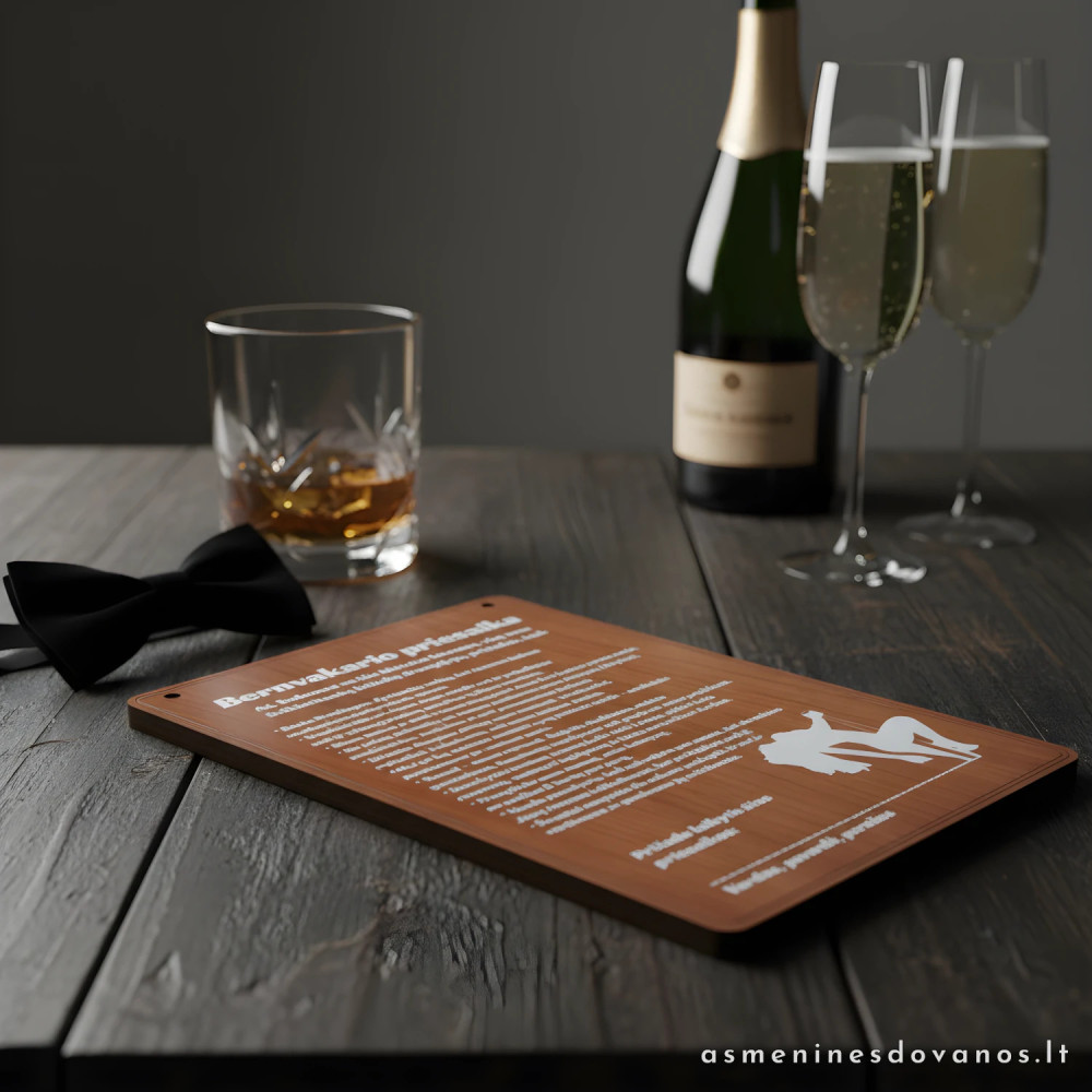 Bernvakario priesaika. Spausdinamas ant lentelės jūsų norimas tekstas. Lentelė 6 mm storio, rudos spalvos.