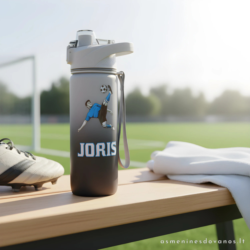 Tvirta išvaizdi vardinė gertuvė su futbolininko animacija.