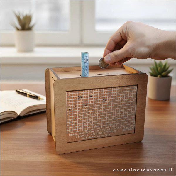 Taupykle su žymimais skaičiais įdedant pinigus. 2000€