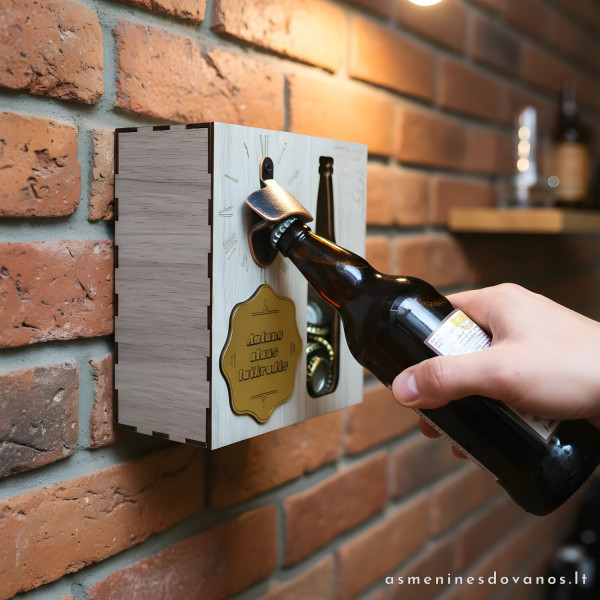 Dėžutė taupyti alaus butelių kamšteliams su atidarytuvu. Alaus mėgėjui