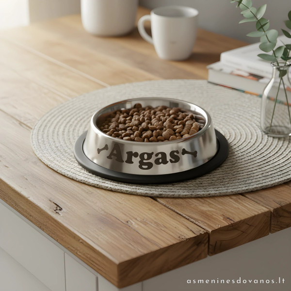 Nerūdijančio plieno dubenėlis šuniui, katei su graviruotu vardu.