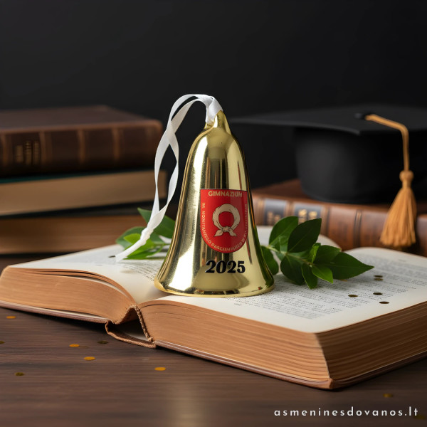 Spausdintas keramikinis varpelis aukso spalvos su kaspinu. Mokytojai.