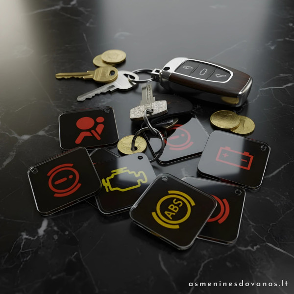 Pakabukas su automobilio įspėjamojo prietaisų skydelio lemputės atvaizdu.
