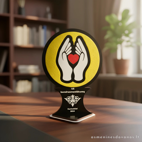 Apdovanojimas širdis delnuose geltoname fone. Tinką kaip padėka.