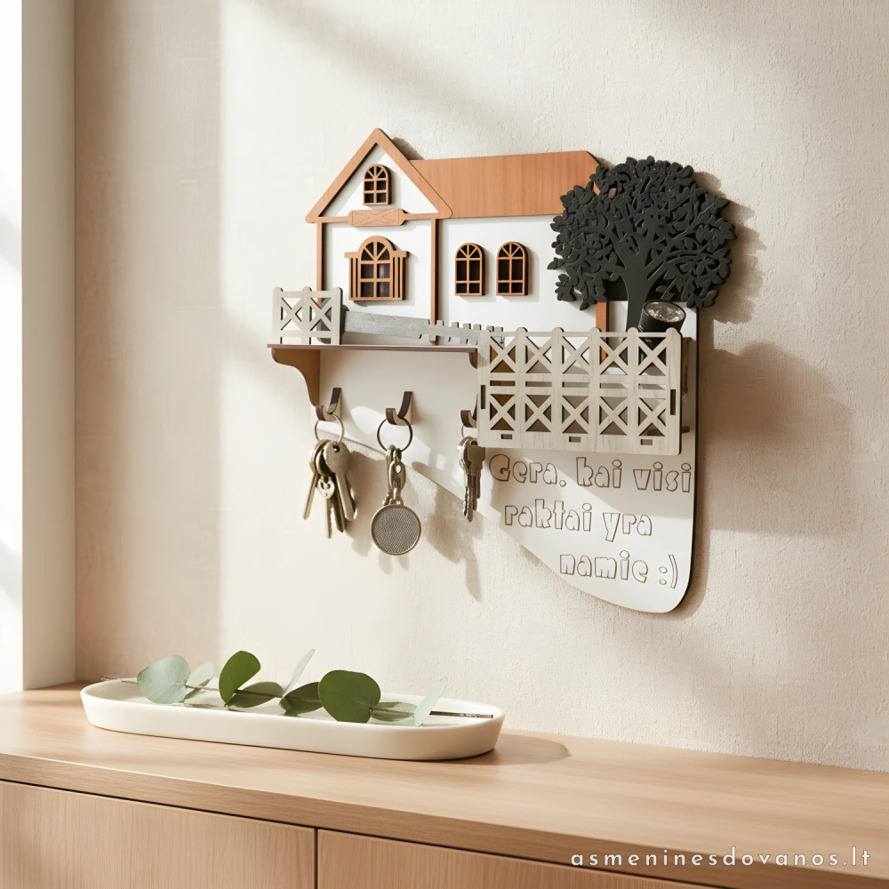 Raktų kabykla raktams kabinti, namo formos, graviruojamas tekstas