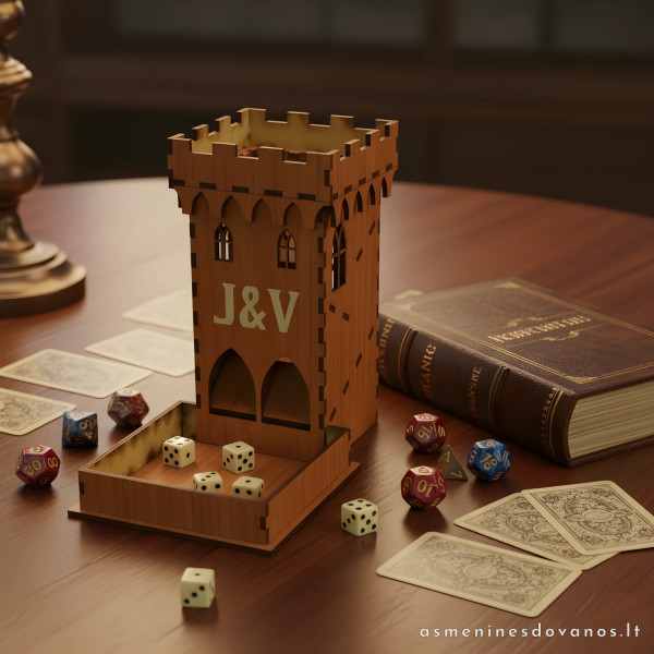 Stalo žaidimų kauliukų metyklė (Dice Tower) su graviravimu