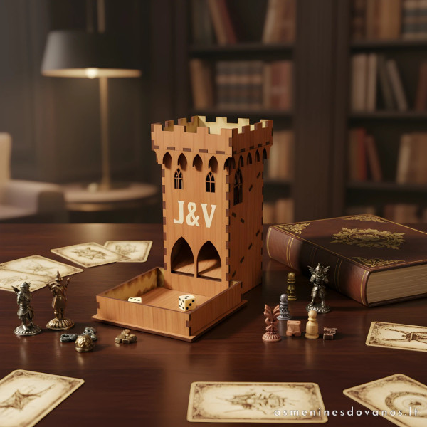 Stalo žaidimų kauliukų metyklė (Dice Tower) su graviravimu