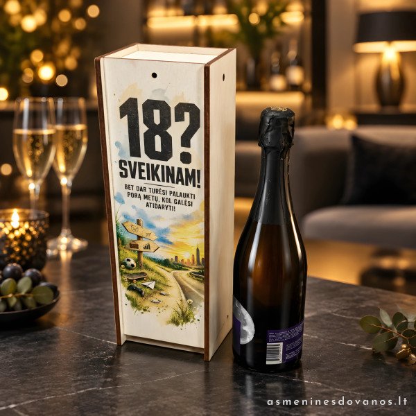 Dovanų dėžutė buteliui „18? Sveikinam!“ | 18 gimtadieniui