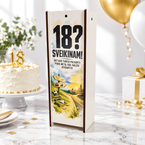 Dovanų dėžutė buteliui „18? Sveikinam!“ | 18 gimtadieniui